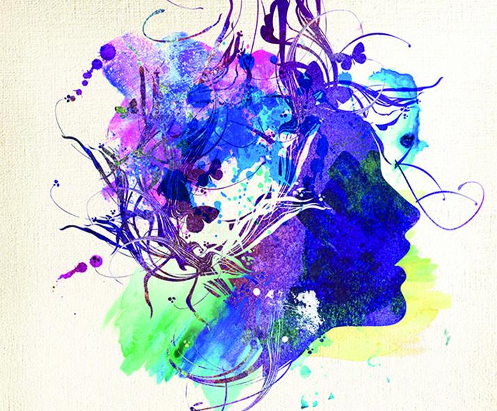 painting of woman's profile with chaos in head