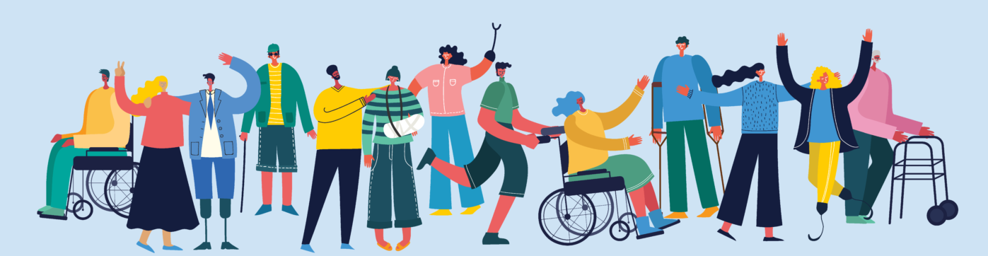 "A colorful digital illustration that shows people with many disabilities all hanging out together in a social way. There are some wheelchair users, some people with walkers or prosthetic limbs, as well as some people without mobility devices."