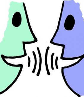 green and blue faces talking