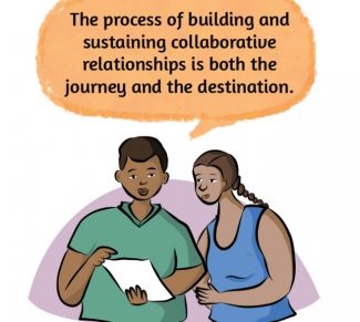 Illustration of two people with a word bubble that reads, The process of building and sustaining collaborative relationships is both the journey and the destination