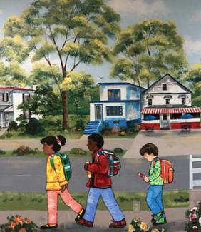 mural of children walking to school