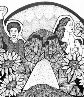 black and white artwork of women and flowers