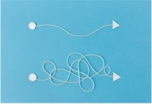 Two white arrows on a blue background, one with a direct path and one with a messy path