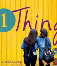 two teens facing yellow background with #1Thing logo
