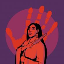 Missing and Murdered Indigenous Women and Relatives (MMIWR) poster from the National Indigenous Women's Resource Center with an image of a Native woman with a red pained hand in the background