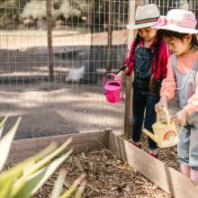 Two children in a garden with watering cans