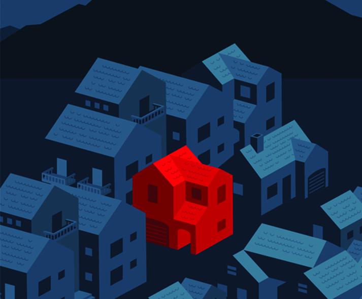 red house among dark houses