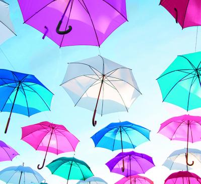 pink blue and white umbrellas